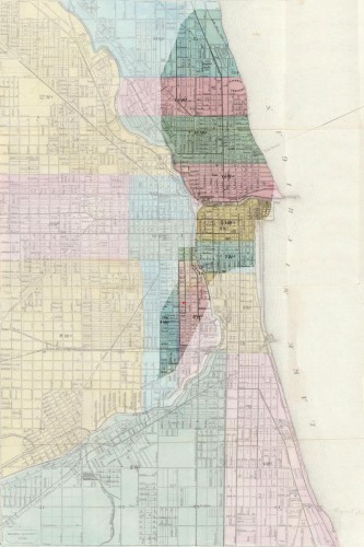 Map showing the area affected by the Great Chicago Fire via Wikipedia