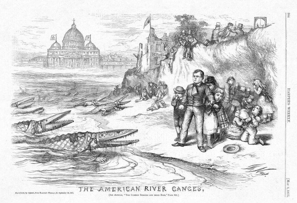 Thomas Nast's "The American River Ganges" shows bishops attacking public schools. From Harper's Weekly 1871. Credit Wikipedia.