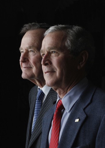 President George W. Bush and former President George H.W. Bush pose for a father-son portrait during the 2008 Easter weekend at Camp David in Thurmont, MD.  Photo by Eric Draper, Courtesy of the George W. Bush Presidential Library and Museum