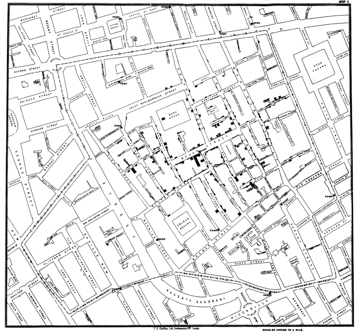Fig. 9. John Snow’s spot map of the Broad street Cholera outbreak 1854