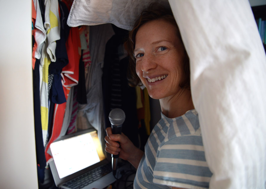 Gastropod Co-host Nicola Twilley recording in her closet. Photo by Geoff Manaugh.