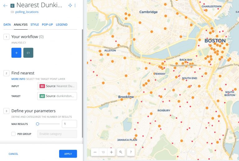 How to do basic distance analysis in Carto using polling locations and