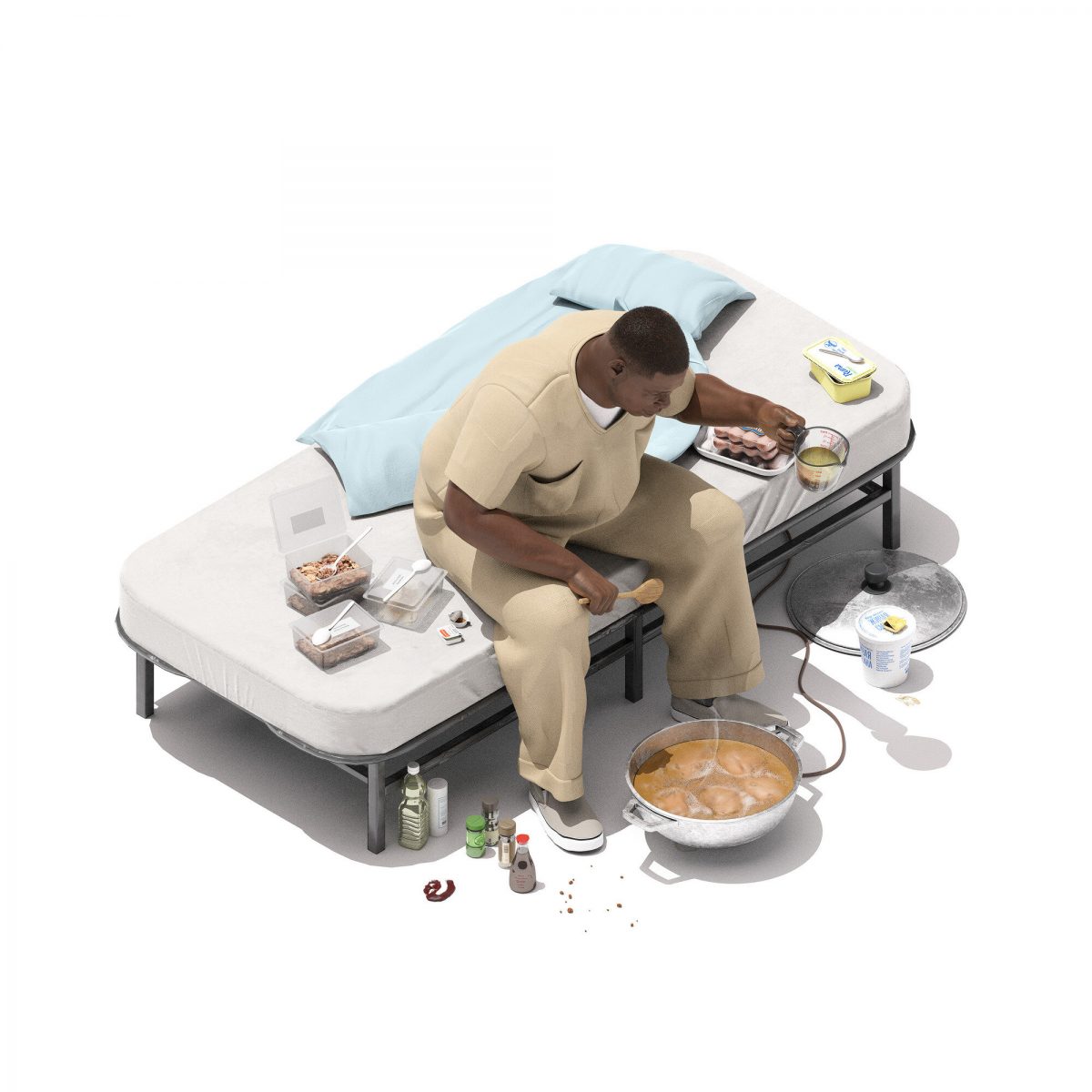 3D-style illustration of Courntey Sargent eating inside his cell. He sits on his unmade bed holding a wooden spoon and wearing his beige prison uniform and has various ingredients around him on the floor and bed while he cooks something in a silver pot.