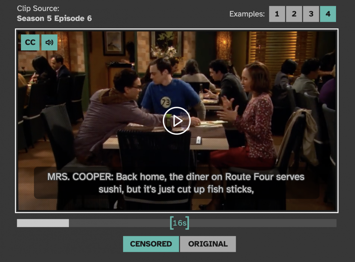Screenshot of Zou's work where you can play clips of both the censored and original versions of clips of the bing bang theory.