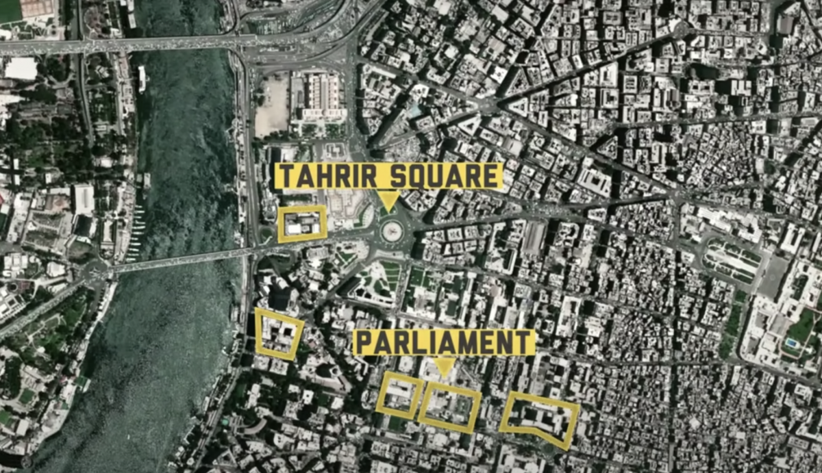 Map with an overlay of animations on top of aerial footage of a city. "Tahrir Square" and "Parliament" are written on yellow banners and yellow boxes surround certain areas on the map.