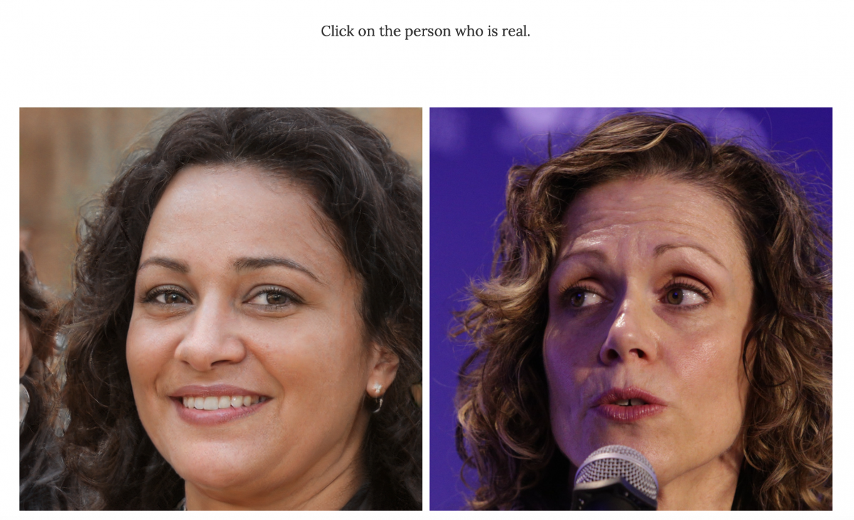 A screenshot from the Which Face Is Real homepage. There are two images of two different women, one with dark hair smiling (left) one with lighter brown hair talking into a microphone (right). One face was created by AI.