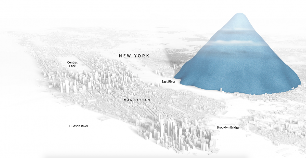 3D black and white map of An image from Drowning in Plastic comparing the scale of New York to the world's plastic waste consumption. An extremely large blue pile covers most of North Brooklyn and towers high above the skyline.