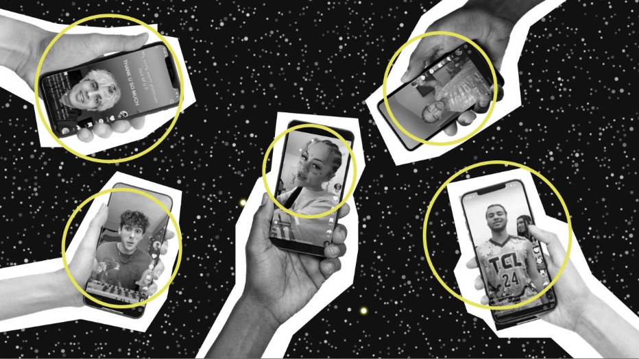 Black and white graphic from the Pudding. Five hands holding phones in front of a starry sky background. On the phones the tik tok app is open and playing tiktoks. They people in the videos are surrounded by a yellow circle.