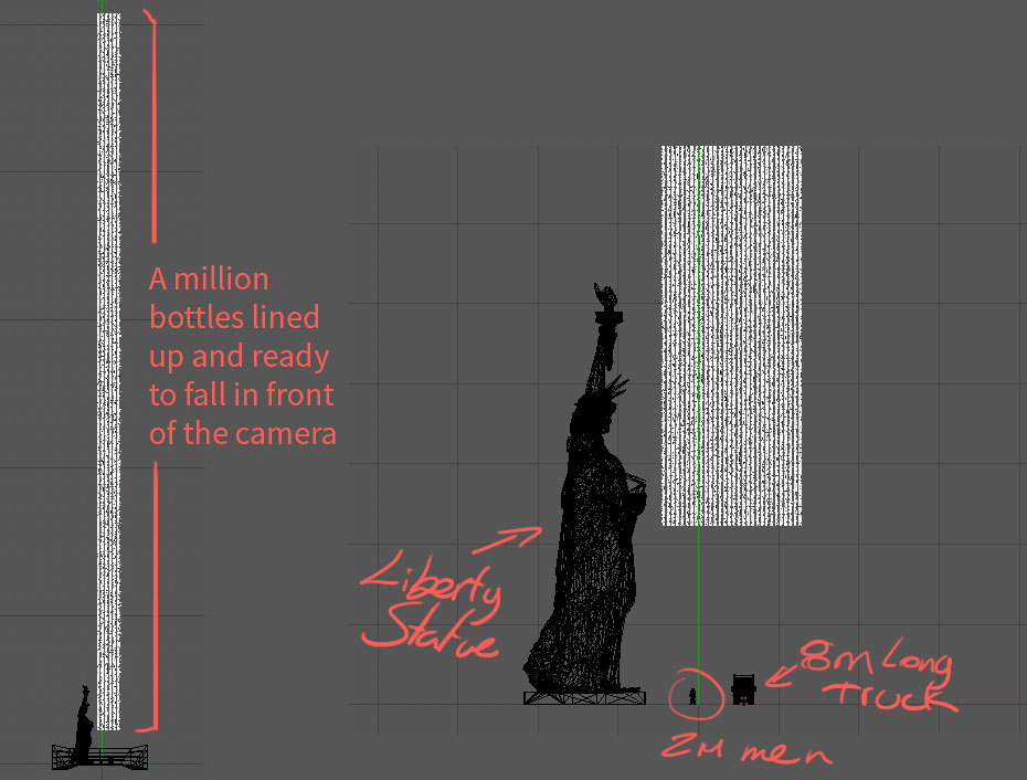 Early concept work where Hernandez tried to balance both camera angles and scale. On the left is a black silhouette of the statue of liberty next to an much taller white line that represents "a million bottles lined up and ready to fall in front of the camera." On the right, a larger statue of liberty is next to a slightly less tall but wider stack of 1 million bottles hovering in the air, an 8m long truck in black silhouette, and a 2m man in black silhouette.