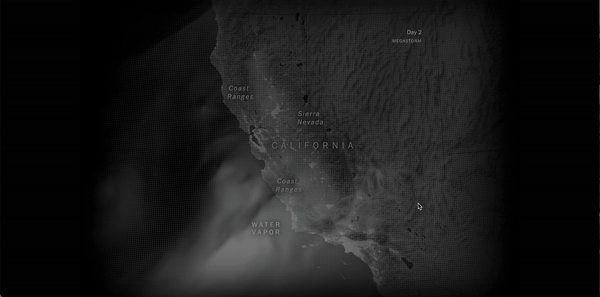 A GIF of a portion of the animated map Rojanasakul created for the story that features weather patterns moving over the state of California.