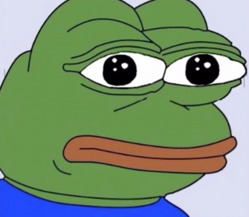 Image of pepe the frog. Pepe is a green cartoon frog with orange lips, a blue shirt, and big white and black eyes.