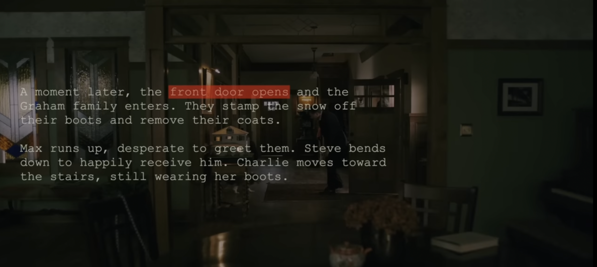 Screenshot from one of Spikima's videos that shows a still from the movie Hereditary with an excerpt from the script overlaid on top.