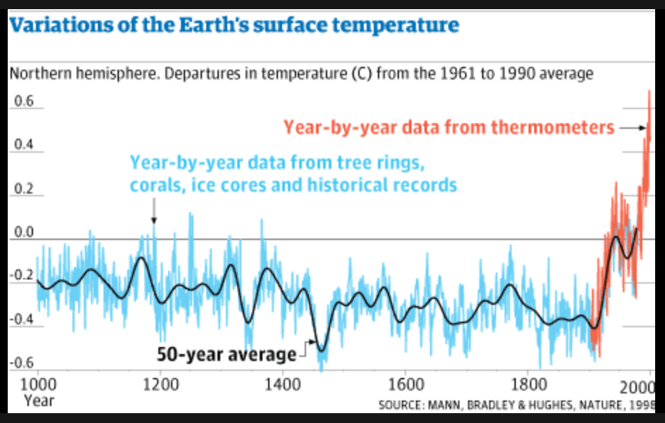 Famous 'hockey stick' graph from the 1990's that charts the impact of man-made climate change. It is titled "Variations of the earth's surface temperature" and charts departures in temperature (in celcius) from the 1961-1990 average. This average is shown by a black line. The departures, wich vary from -.6 degrees to +.6 degrees are marked in blue lines during years before thermometers and in red post the invention of the thermometer. The chart shows a very large increase in temperature from the 1900s onward.