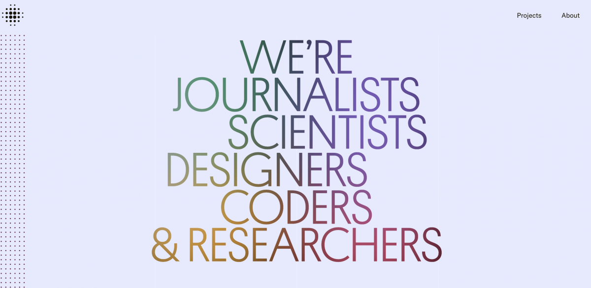 Screenshot from Polygraph that says: "We're journalists scientists designers coders & researchers" in rainbow lettering.