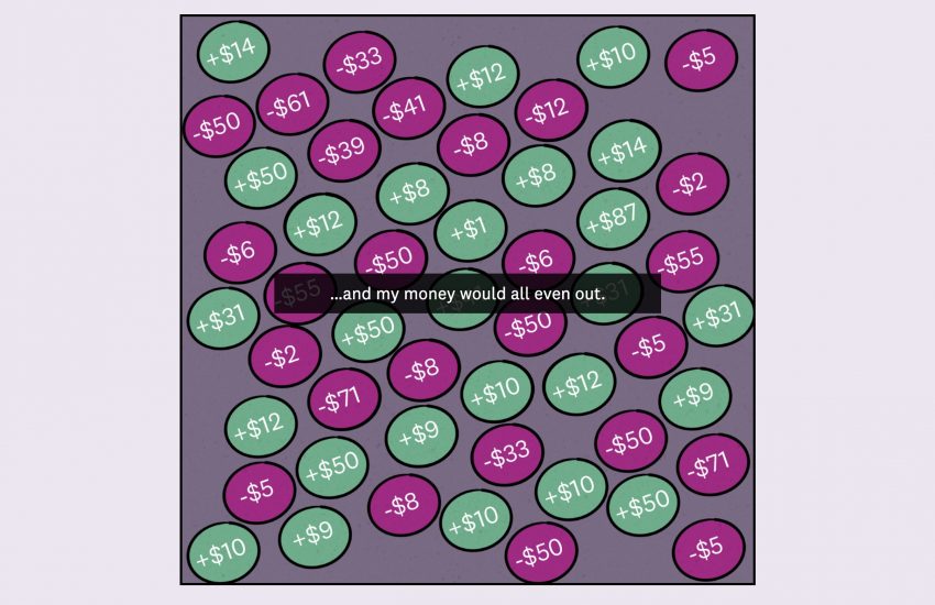 A screenshot of purple and green animated coins that show the loss and gain of money. Text overlaying talks about how the money should even out.