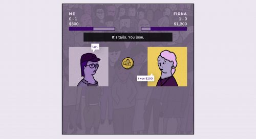 Two animated people have a conversation about money, with a coin flip deciding that the person on the right wins the game and makes a profit. 