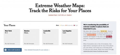 A screenshot of The New York Times website shows the Weather Data's team story that tracks extreme weather events, with options to add locations that readers are particularly interested in.