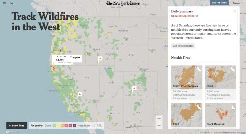 A designed map with a key shows wildfire impacts across the western part of the U.S.
