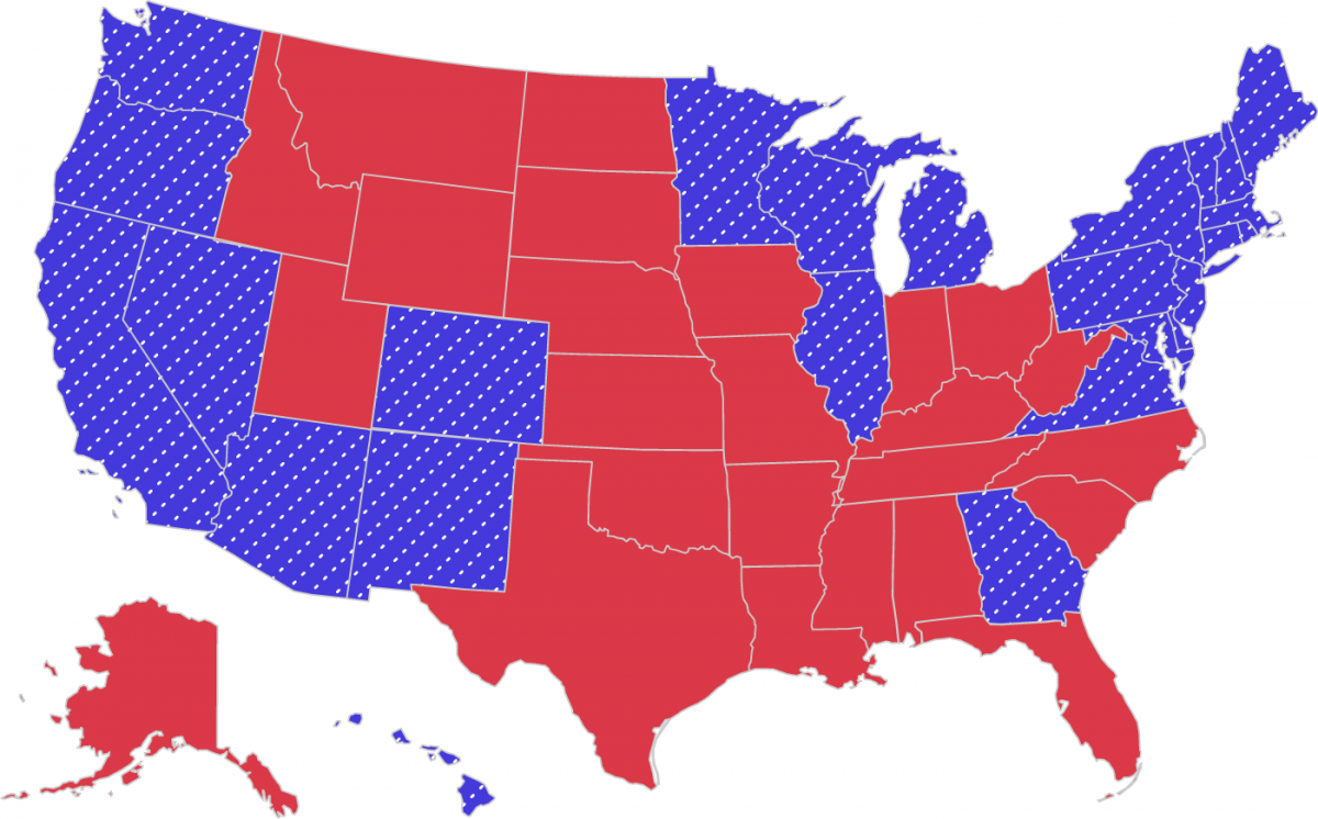 Color-coded map of U.S., with blue states representing who voted for Biden in 2020 and red showing who voted for Trump. The blue states have white dotted lines over them.