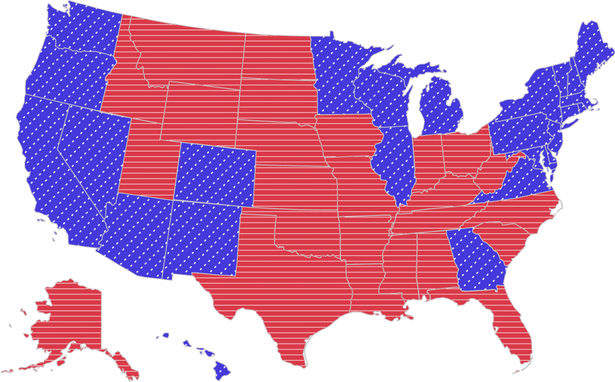 Color-coded map of U.S., with blue states representing who voted for Biden in 2020 and red showing who voted for Trump. The red states have white lines over them. The blue states have white dotted lines over them.
