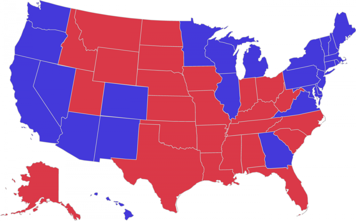 Color-coded map of U.S., with blue states representing who voted for Biden in 2020 and red showing who voted for Trump.