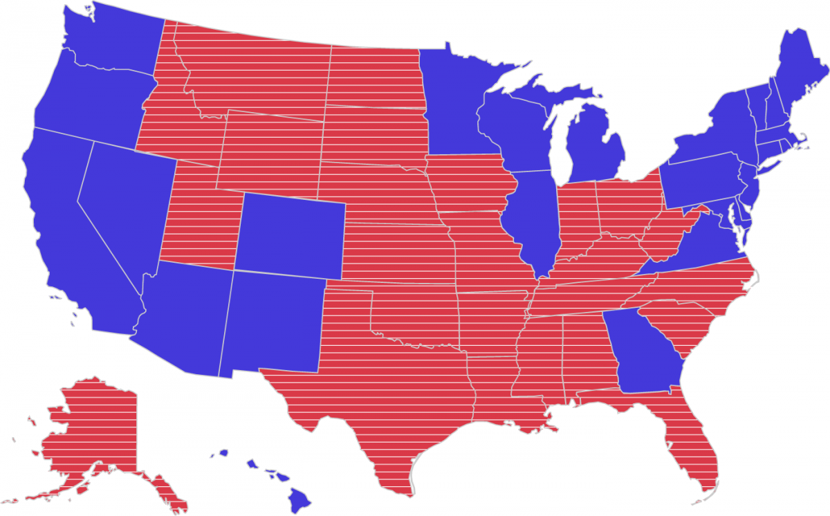 Color-coded map of U.S., with blue states representing who voted for Biden in 2020 and red showing who voted for Trump. The red states have white lines over them.