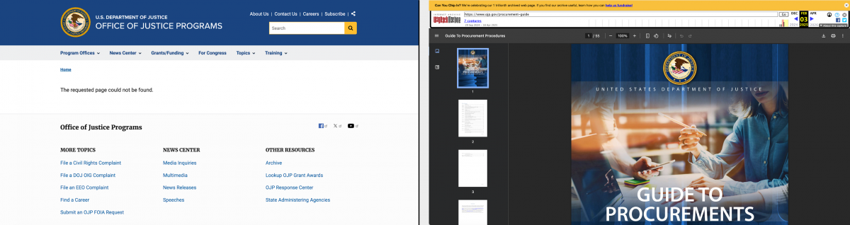 The image shows a missing page notice on the left and an archived copy of it on the right.