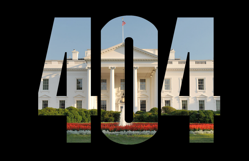 Image shows the White House inside a 404 missing web page error code.