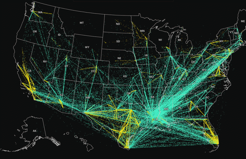 Map of the US shows dots moving, representing transfers of deportees.