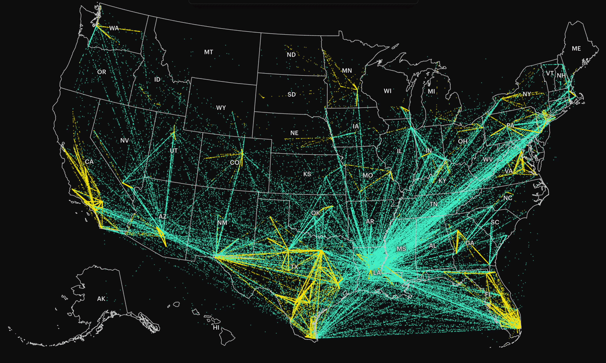 Map of the US shows dots moving, representing transfers of deportees.