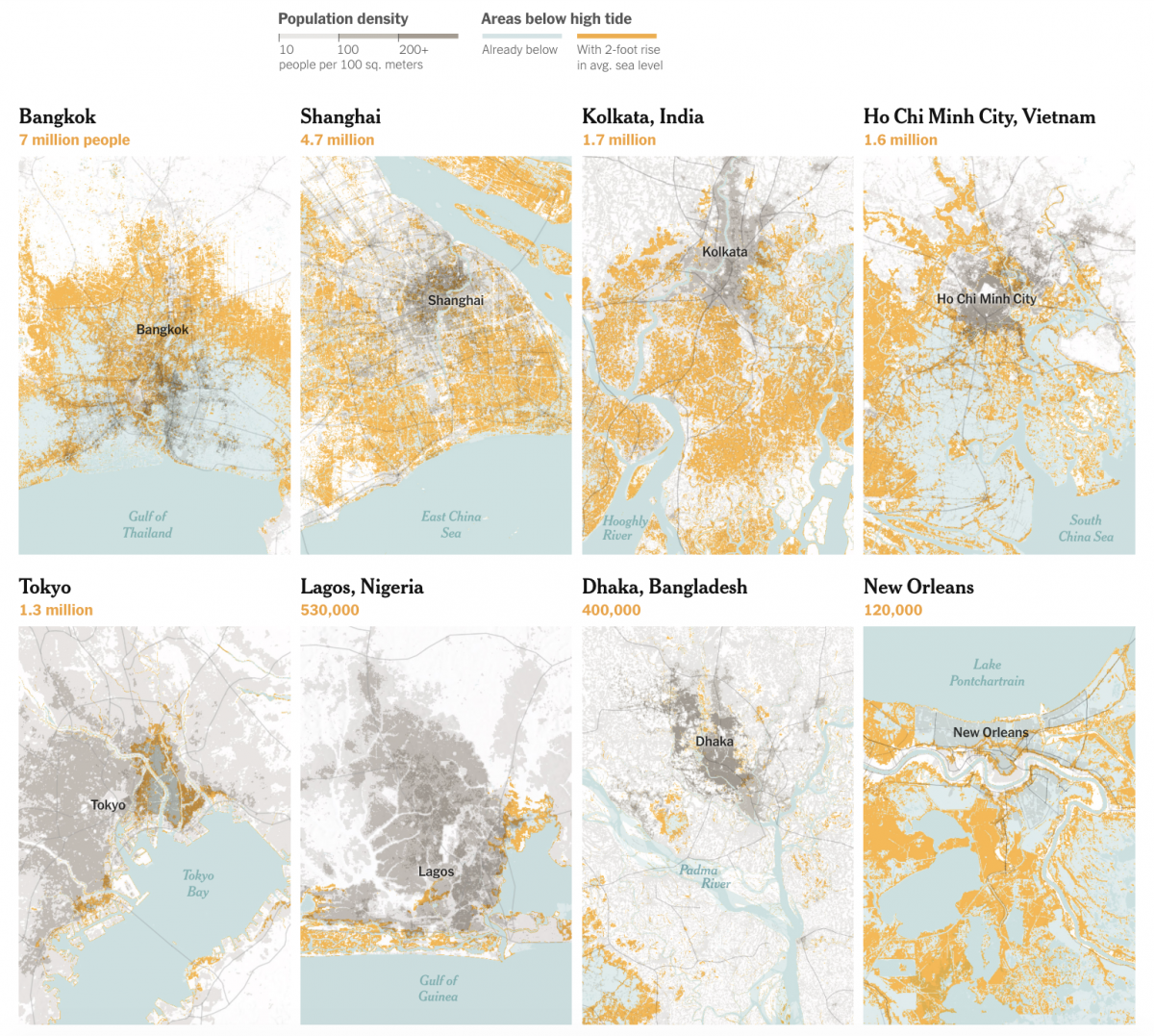 Maps show the potential impact of rising seas on some of the world's most populous cities.