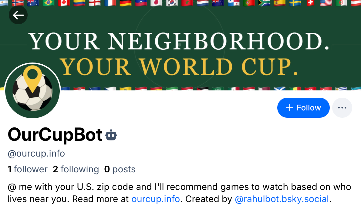 Screen shot shown bot post on Bluesky with blue robot head icon.