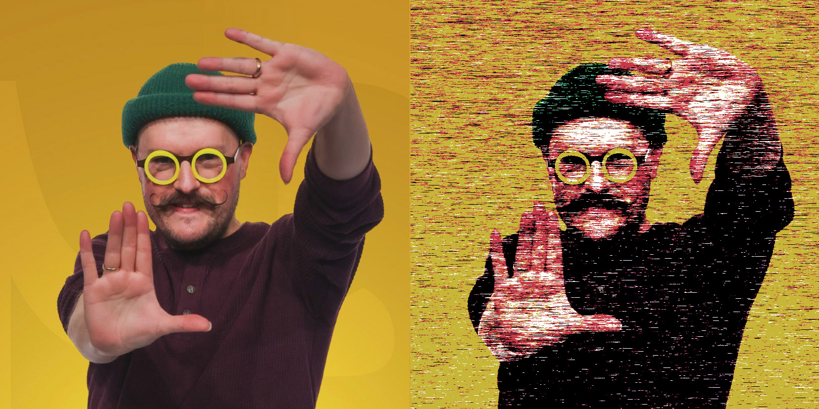 Man making framing gesture against a yellow background. He's wearing round yellow glasses and a black beanie.