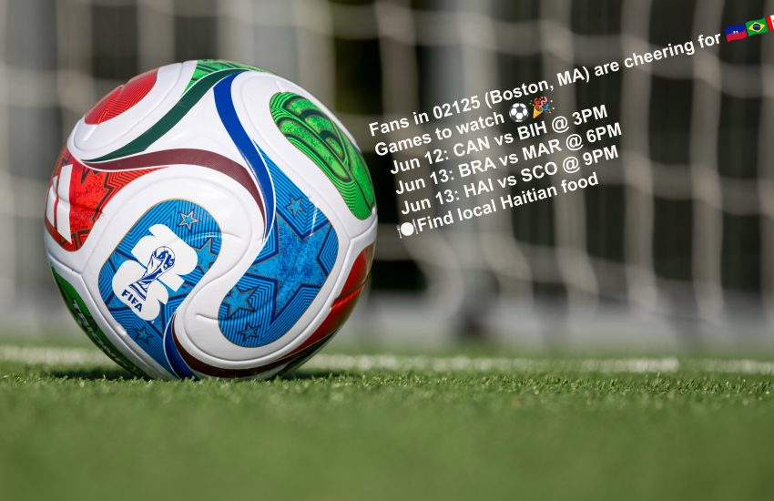 Image shows soccer ball on a field with bot post next to it highlighting upcoming games of interest.