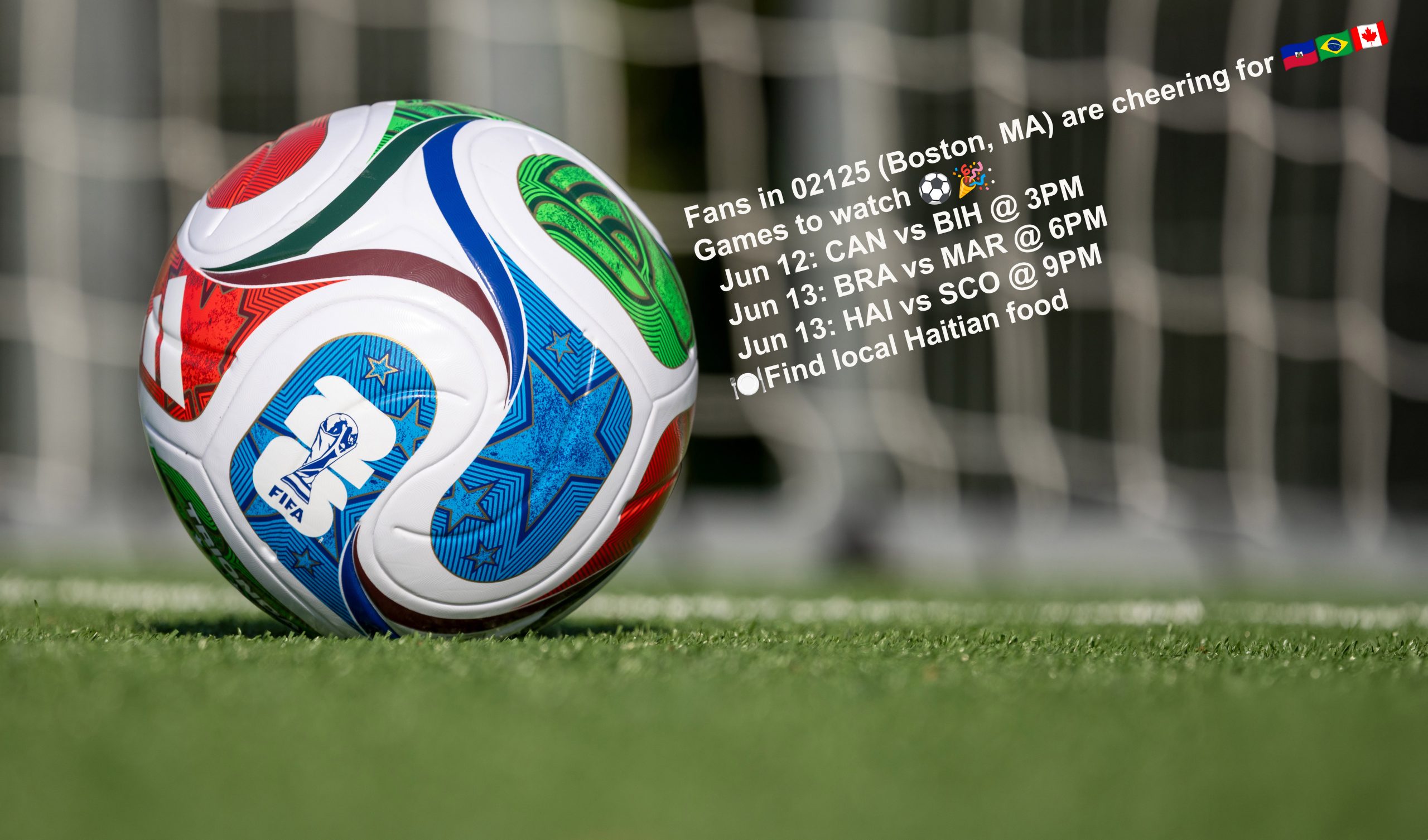 Image shows soccer ball on a field with bot post next to it highlighting upcoming games of interest.