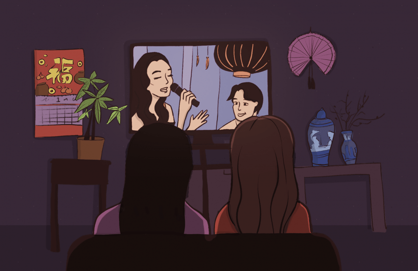 Illustration shows women watching movie with Asian Americans on television.