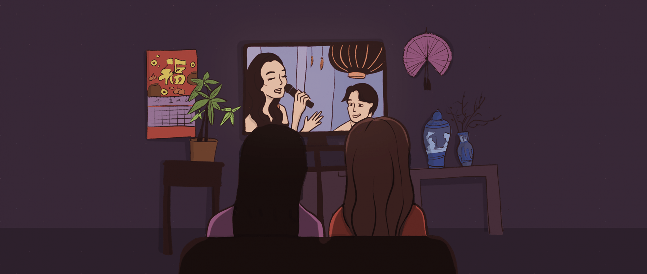 Illustration shows women watching movie with Asian Americans on television.
