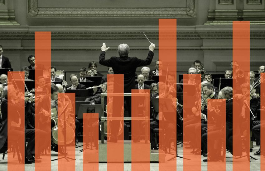 Bar chart superimposed on a photo of an orchestra