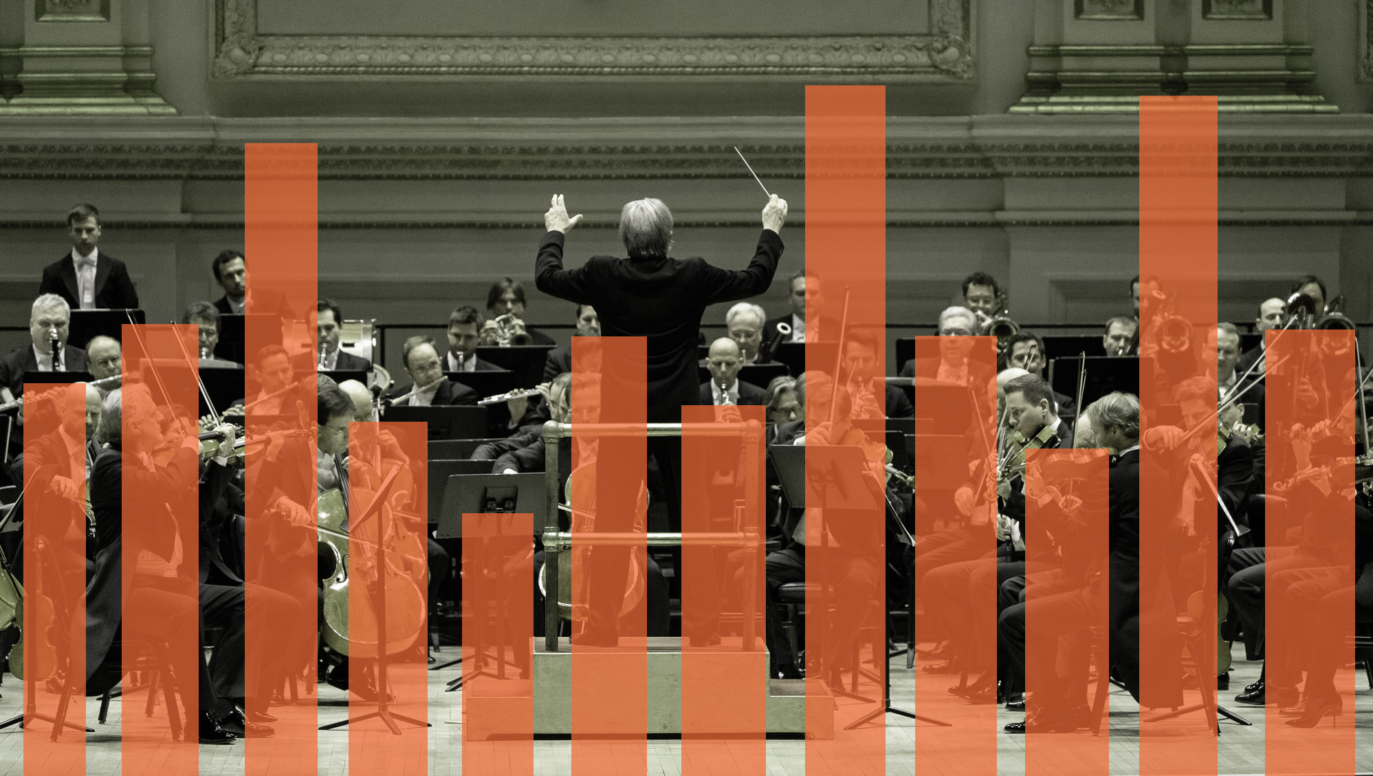 Bar chart superimposed on a photo of an orchestra
