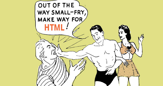 Cartoon image shows muscle man slapping wimp on the beach.