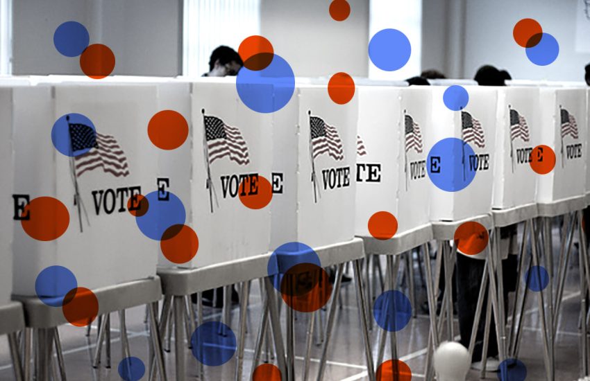 Image shows polling station with illustrations of blue and red floating on it.