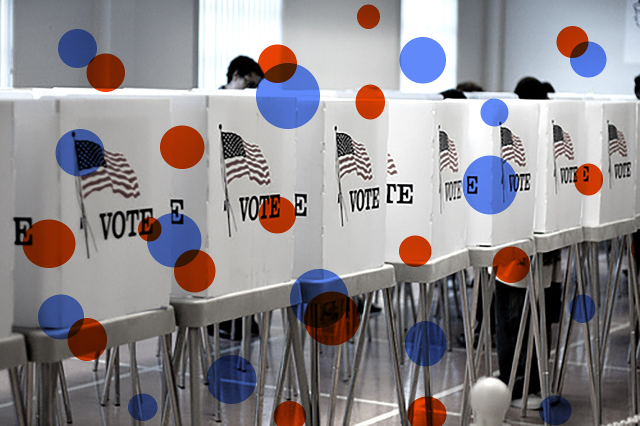Image shows polling station with illustrations of blue and red floating on it.