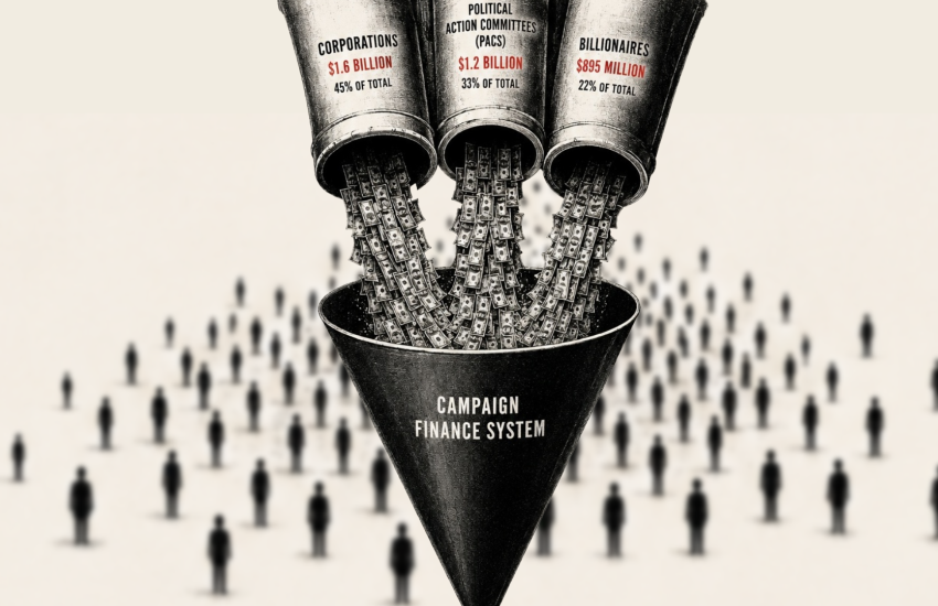Image shows giant funnel directing money.
