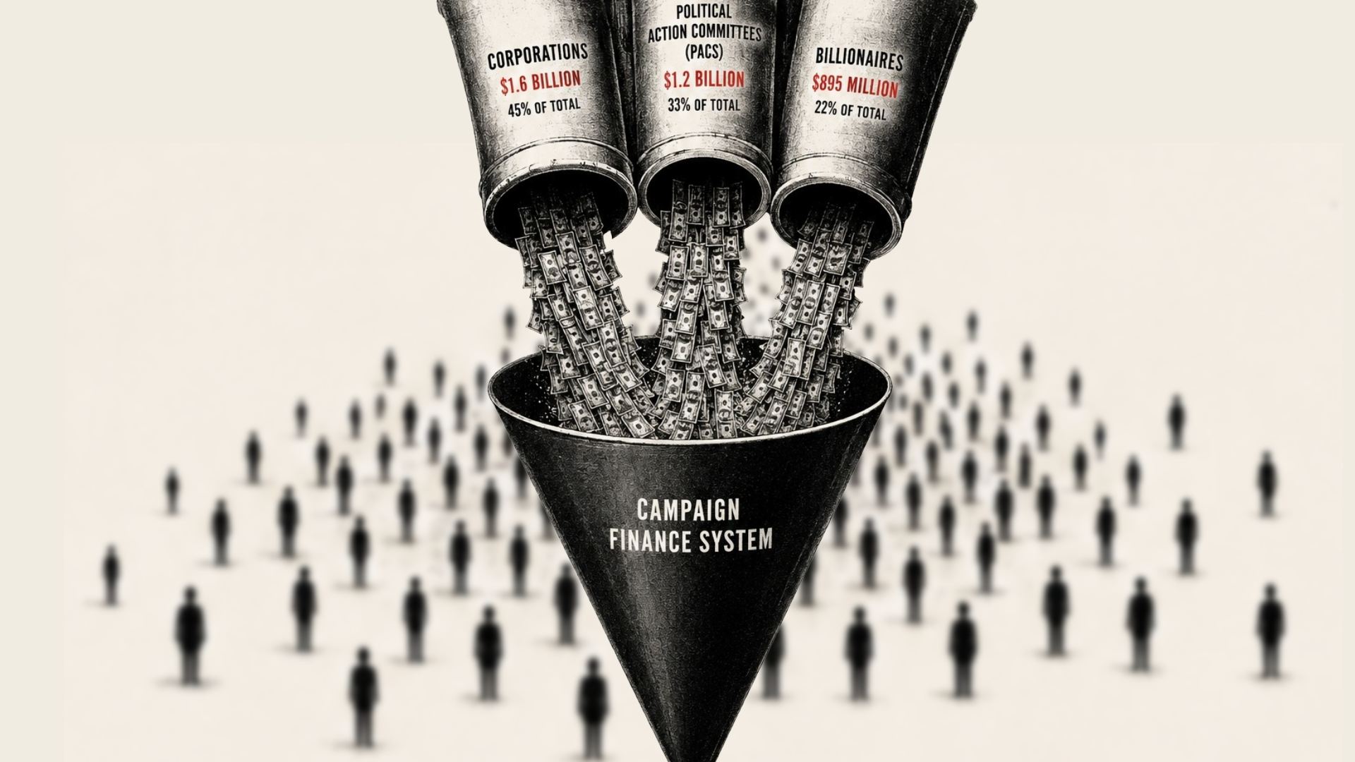 Image shows giant funnel directing money.